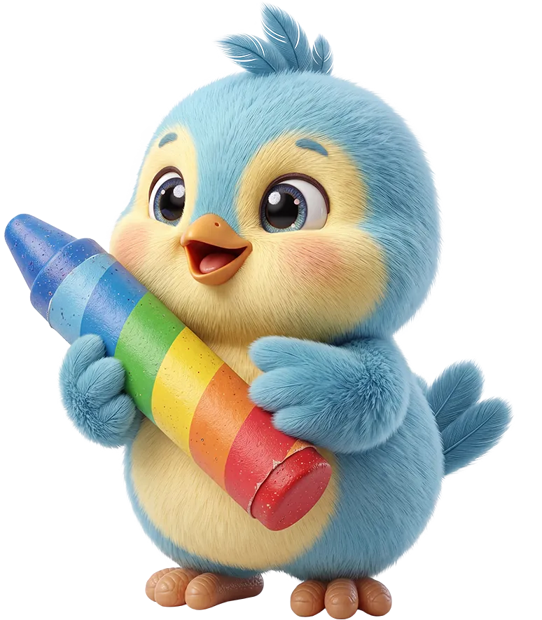 ABC-Coloring mascot — a cheerful bluebird hugging a rainbow crayon